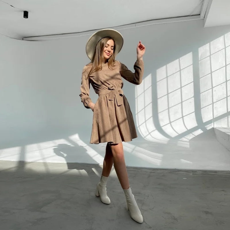 Women Vintage Sashes Corduroy A-line Mini Dress Long Sleeve O neck Khaki Color Elegant Casual Party Dress 2022 Winter New Dress