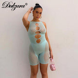 Mesh Patchwork Women Sleeveless Hollow Out Playsuit See Through Skinny Casual Streetwear 2022 Autumn Winter Combishort