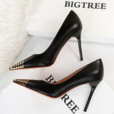 Black Leather Shoes Woman Pumps Metal Pointed Toe High Heels Stiletto Sexy Party Shoes Women Heels Plus Size 42 43