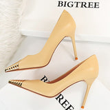Black Leather Shoes Woman Pumps Metal Pointed Toe High Heels Stiletto Sexy Party Shoes Women Heels Plus Size 42 43