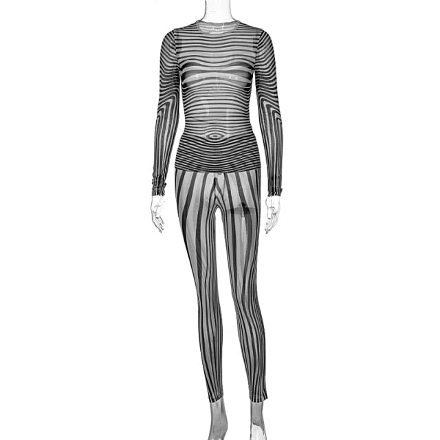 Rarove 2022 Autumn Winter Women Stripe Zebra Print Mesh 2 Pieces Long Sleeve Top Leggings Set Skinny See Through Sheer Outfit