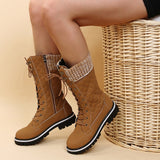 Christmas Gift 2021 Women Winter Buckle Lace Knitted Mid-calf Boots Low Heel Round Toe Boots Top Quality Winter Warm Boots Women Botas De Mujer