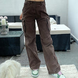 Streetwear Baggy Denim Jeans Women High Waist Pockets Patchwork Casual Cargo Pants Harajuku Vintage Brown Straight Jeans