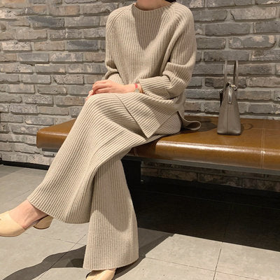 Free Shipping 2022 New Fashion Winter Women Two Piece Sets Warm Knitted Pullover Sweater +High Waist Loose Wide Leg Pants Set