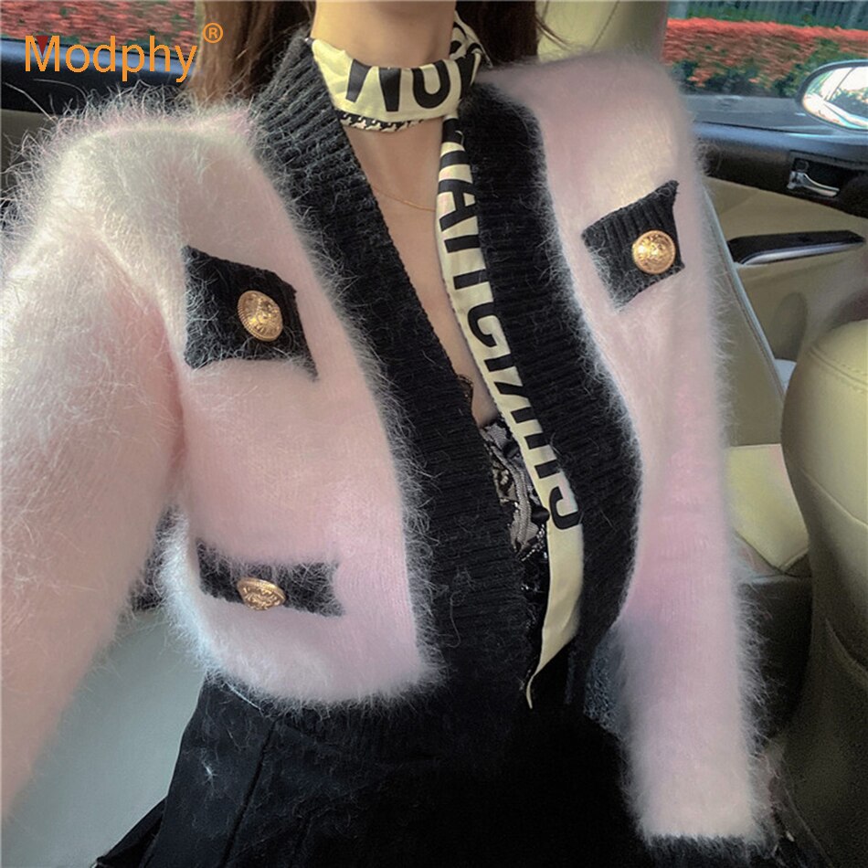 Women Cardigans Japan Style Sweet Pink Knitted Mohair Sweater Coat New Winter Fashion New V Neck Patchwork Cardigan Female Tops