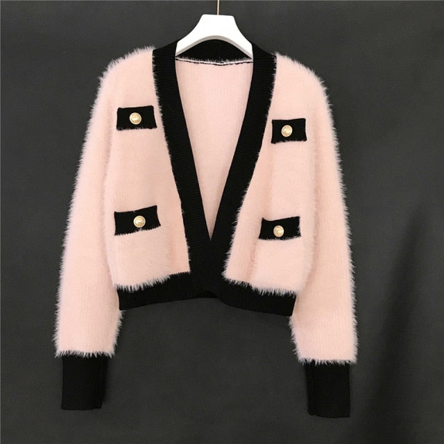 Women Cardigans Japan Style Sweet Pink Knitted Mohair Sweater Coat New Winter Fashion New V Neck Patchwork Cardigan Female Tops