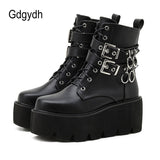 Gothic Belt Buckle Thick With Short Boots Women Nightclub Party Metal Decor Wedges Heel Ankle Boots Black Leather Zipper