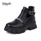 Hollow Out Women Gothic Ankle Boots With Chain Platform Thick Bottom Soft Leather Punk Rome Footwear Female Short Booties