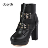 Platform Belt Buckle Ankle Boots For Women Block High Heels Shoes Retro Plus Size Female Footwear New Autumn Leather PU