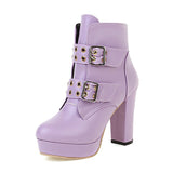 Platform Belt Buckle Ankle Boots For Women Block High Heels Shoes Retro Plus Size Female Footwear New Autumn Leather PU