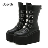 Hot Brand INS Demonias Shoes Platform Heart Buckle Wedges High Heels Motorcycle Mid Calf Boots Women Gothic Street Cool
