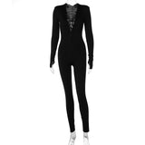 Lace Up Cross Women Black Long Sleeve V Neck Jumpsuit With Shoulder Pad Skinny Sexy Streetwear Casual 2022 Autumn Winter