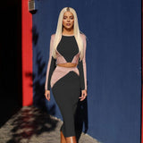 2022 Spring Sexy O-Neck Long-Sleeved Short Top And Midi Skirt 2 Two-Piece Set Fashion Women&#39;S Stitching Bandage Bodycon Suit