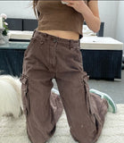 Brown Vintage Jeans Women Y2K Streetwear Pockets Cargo Pants Baggy High Waist Straight Denim Trousers Fairycore 2022