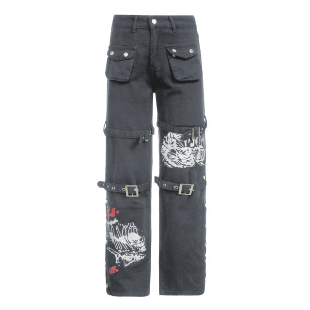 Rarove Gothic Print Jeans Woman Low Waist Cargo Pants Hip Hop Buckle Jean Y2K Streetwear Punk Denim Trousers Goth Mall Grunge