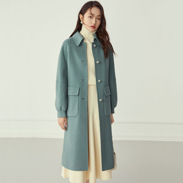 Rarove 100% Wool Long Women's Coat Autumn Winter Oversized Vintage Coat Jacket Wool Blend Casual Female Blue Overcoat 2022