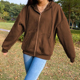Brown Oversized Hoodies Women Vintage Zip Up Loose Sweatshirt Winter Jacket Pockets Long Sleeve hoodie Clothes 2021