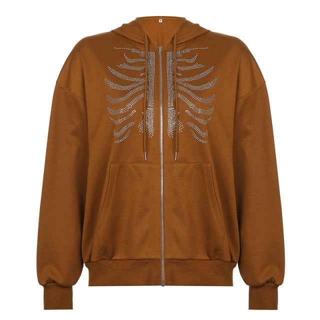 Rhinestone Hoodies Women'S Oversized Sweatshirts Harajuku Pockets Hooded Zip Up Jacket Femme Autumn Grunge Top 2021
