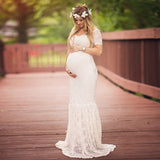 Rarove Maternity Gown  Baby Shower Dress for Women Pregnant  White Deep V-Neck Long Sleeve Lace Perspective Tight Tailed