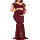 Rarove Maternity Gown  Baby Shower Dress for Women Pregnant  White Deep V-Neck Long Sleeve Lace Perspective Tight Tailed
