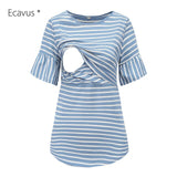 Women's Striped Maternity Blouse Pregnancy flared sleeves Short  Tops Round Neck Breastfeeding Mama Clothes Casual Loose Tunic