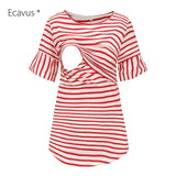 Women's Striped Maternity Blouse Pregnancy flared sleeves Short  Tops Round Neck Breastfeeding Mama Clothes Casual Loose Tunic