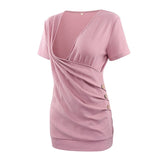 Women's Maternity Nursing Tops Short Sleeve Button Waffle Cross Wrap Tunic Tops Pregnantcy V Neck Breastfeeding T-Shirts