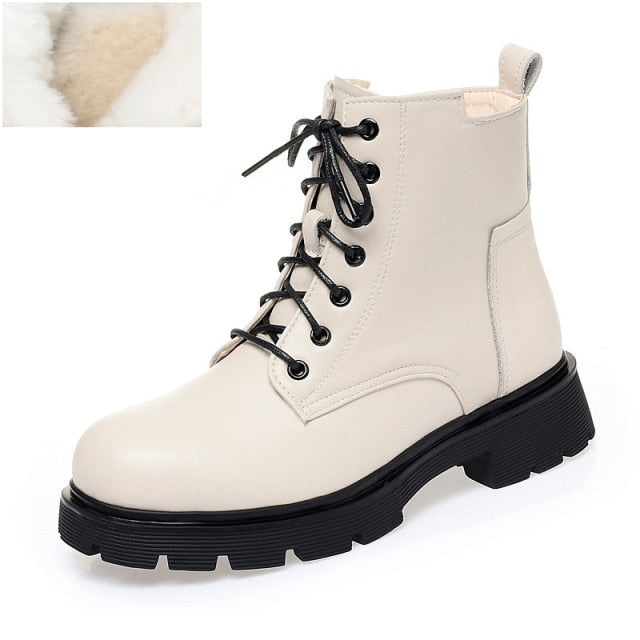 Women Winter Boots Genuine Leather 2022 New Fashion Wool Warm Women Ankle Boots Large Size British Style Women Motorcycle Boots