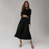Free Shipping Knitted Women Two Piece Set Short Sweater Top &amp; High Waist Pleated Skirt Casual Knit Sets Casual Female Streetwear
