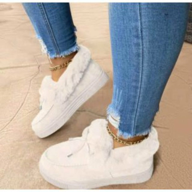 Christmas Gift New Women Winter Cotton Shoes Ladies Bowknot Plush Warm Snow Boots Casual Solid Color Flat Short Boots Furry Females Feetwear