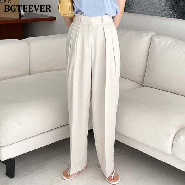Casual Button High Waist Loose Straight Pants for Women 2021 Summer Ladies Wide Leg Trousers Female Solid Pants