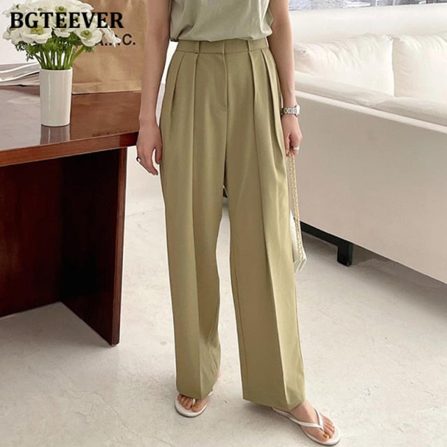 Casual Button High Waist Loose Straight Pants for Women 2021 Summer Ladies Wide Leg Trousers Female Solid Pants