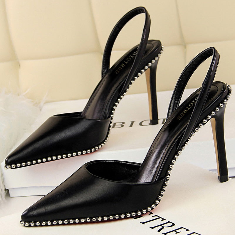 Rivet Woman Pumps Pointed Toe Women Shoes Heels Pu Leather Shoes High Heels Hollow Back Strap Women Sandals 2022