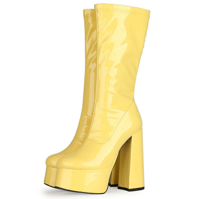 Rarove Luxury Designer Platform Block High Heels Women Mid Calf Boots Fashion Candy Color Zipper Goth Ladies Shoes
