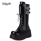 Belt Buckle Plus Size Womens Calf Boots Round Toe High Rubber Sole Top Quality Winter Platform Combat Boots For Girls
