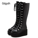 2022 New Ladies Knee High Boots Wedges Shoes Lace Up Darkness Girls Platform Boots Winter Punk Gothic Zipper Drop Ship
