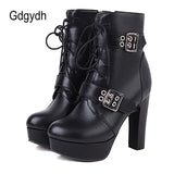 Womens Short Boots High Platform Heels Autumn Ladies Shoes Office Belt Buckle Ankle Boots With Zipper Soft Leather New