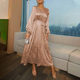 RAROVE, Valentine's Day gift Fashion Women Satin Dress Belted 2024 Autumn Sexy Puff Sleeve V Neck Elegant Party Vestidos Casual Long Shirt Robes Femme