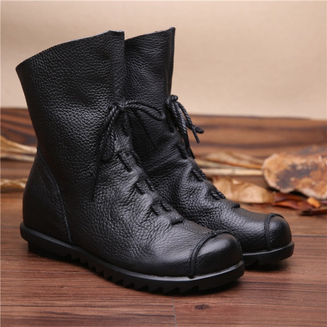 Christmas Gift 2021 Vintage Style Genuine Leather Women Boots Flat Booties Soft Cowhide Women's Shoes Front Zip Ankle Boots zapatos mujer