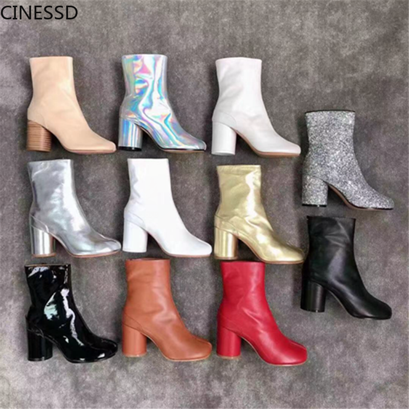 Christmas Gift Split Toe Boots Women Real Leather Ninja Tabi Boots Genuine Leather Chunky Heel Ankle Boot Cow Leather Woman High Heels Shoes