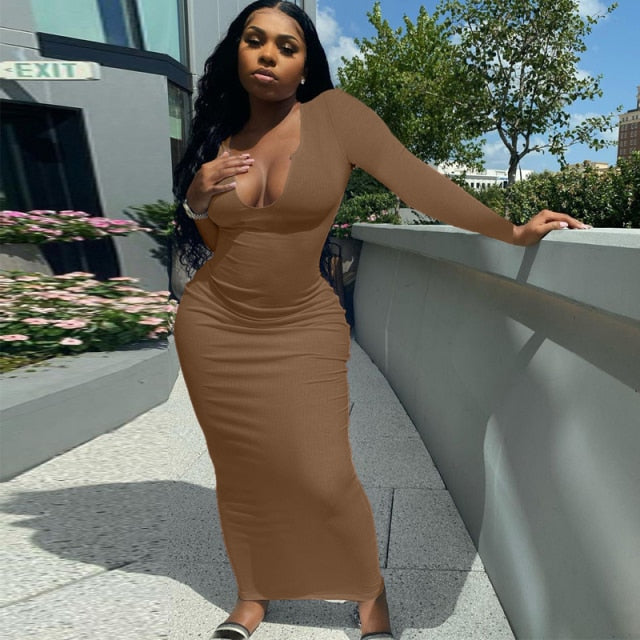 Ribbed Knitted Women Pure Long Sleeve Midi Dress V Neck Bodycon Sexy Streetwear Party Elegant 2022 Summer Slim Clothes