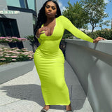 Ribbed Knitted Women Pure Long Sleeve Midi Dress V Neck Bodycon Sexy Streetwear Party Elegant 2022 Summer Slim Clothes
