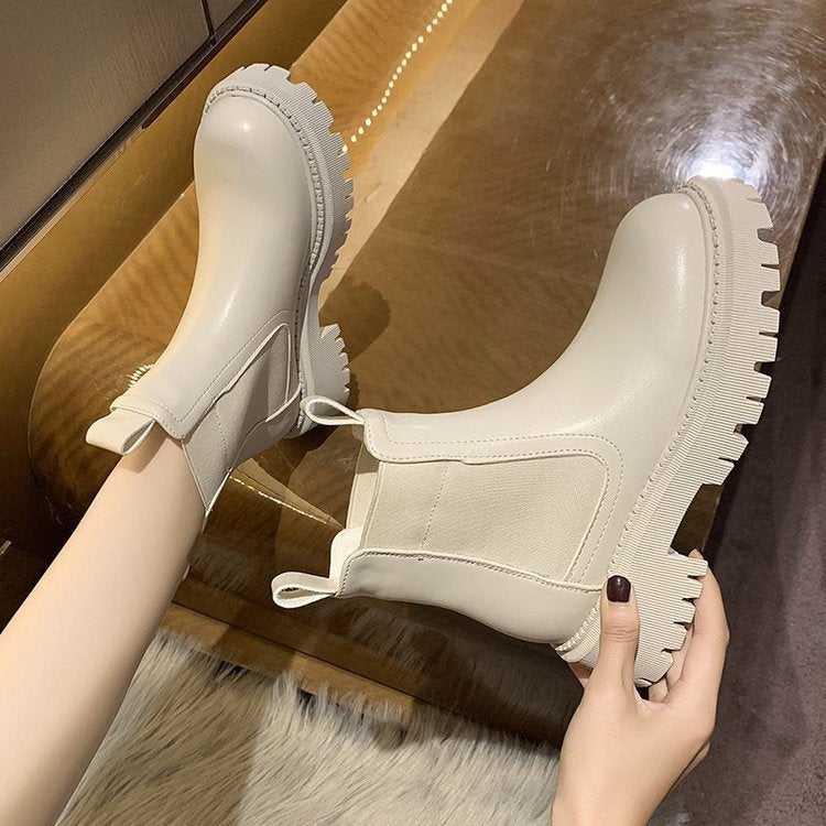 Christmas Gift 2022 New Chunky Boots Fashion Platform Women Ankle Female Sole Pouch Ankle Botas Mujer Round Toe Slip-On Botas Altas Mujer