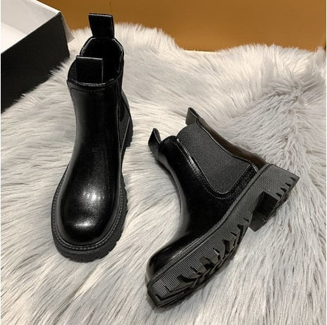 Rarove Christmas Gift  New Chunky Boots Fashion Platform Women Ankle Female Sole Pouch Ankle Botas Mujer Round Toe Slip-On Botas Altas Mujer