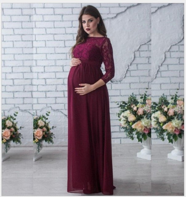 Maternity Dresses for Photo Shoot  Baby Shower  Pregnancy Shooting Black  Lace Round Neck  Long Skirt White Black Red2021summer
