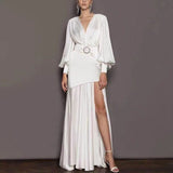 New Arrivals White Fashion Runway Long Dress Women's Lantern Long Sleeve Belt Female Elegant Celebrity Evening Party Dress 2022