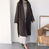 New Women Coats French Casual  Warm Long Belt Solid Female Office Lady Winter Retro Oversize Loose Woolen Chic Coat