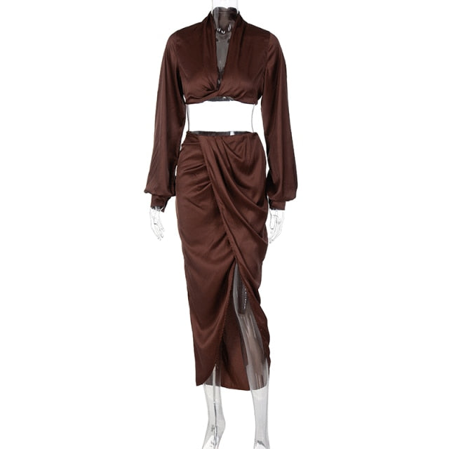 Rarove 2022 Autumn Winter Women Satin 2 Piece Lantern Sleeve V Neck Crop Top Slit Midi Skirt Set Party Elegant Matching Suits