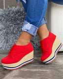 Rarove New Fashion Vulcanize Shoes Women Sneakers Ladies Solid Color Wedge Thick Shoes Round Toe Lace-Up Comfortable Platform Sneakers
