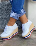 Rarove New Fashion Vulcanize Shoes Women Sneakers Ladies Solid Color Wedge Thick Shoes Round Toe Lace-Up Comfortable Platform Sneakers